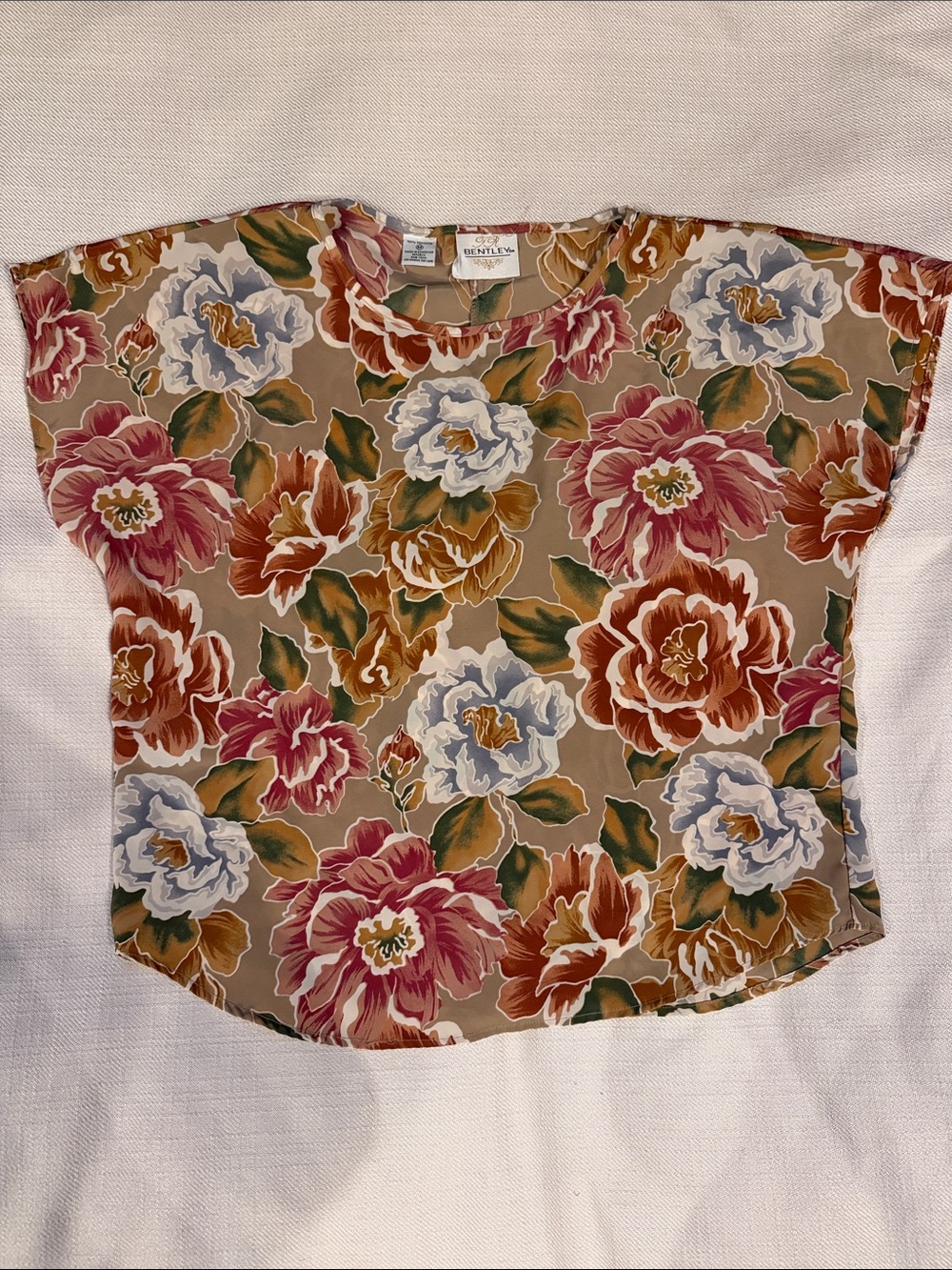 Floral Short-Sleeve Blouse - Beige with Pink & Blue Blooms
